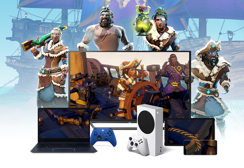 Cloud gaming, a background of a pirate ship with Sea of Thieves characters surrounding a console, laptop, TV and mobile devices.