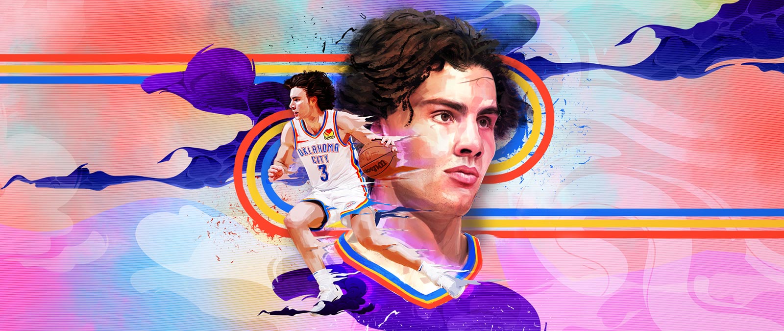 Images du joueur d’Oklahoma City Josh Giddey, dont son portrait et en action dribblant la balle, entouré de motifs géométriques colorés.