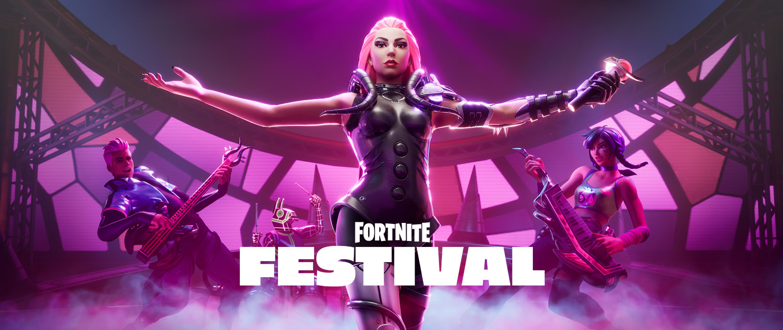 Lady Gaga stands center-stage, with the text Fortnite Festival at the bottom.