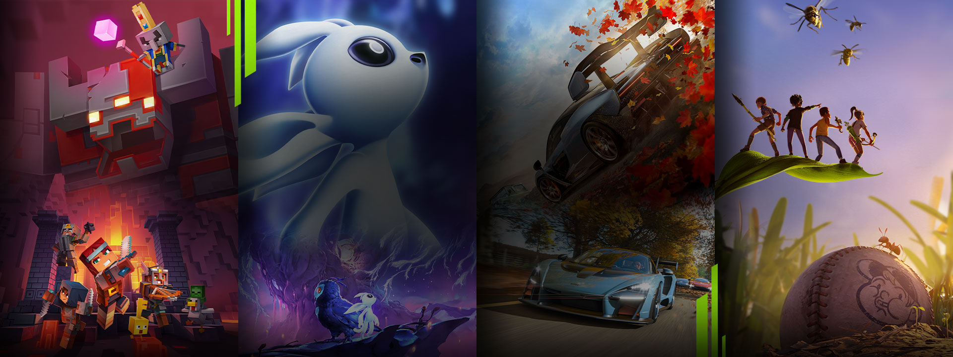 Ett urval av spelen som är tillgängliga med Xbox Game Pass, bland annat Minecraft: Dungeons, Ori and the Will of the Wisps, Forza Horizon 4 och Grounded.