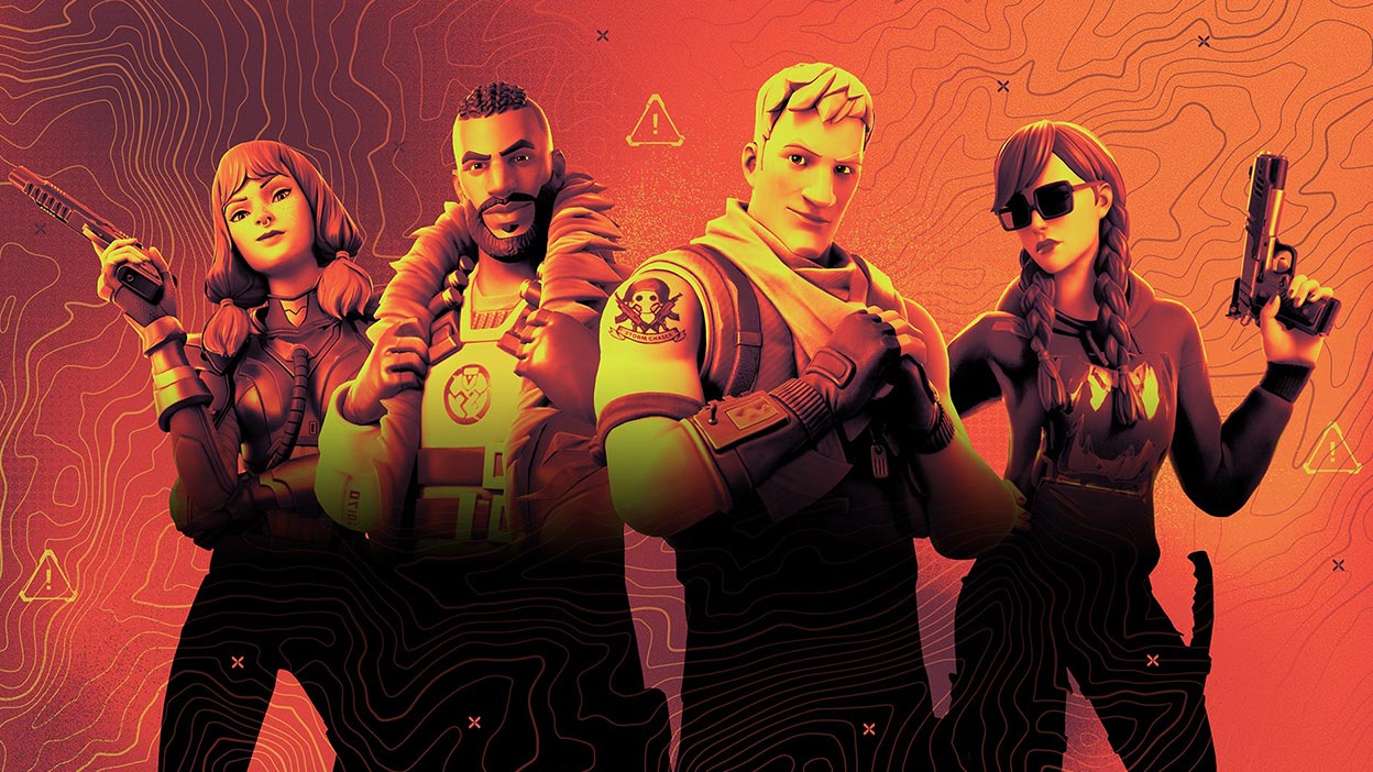 Fire karakterer poserer med utstyr og våpen under en rød filtereffekt med et topografikart i bakgrunnen. 