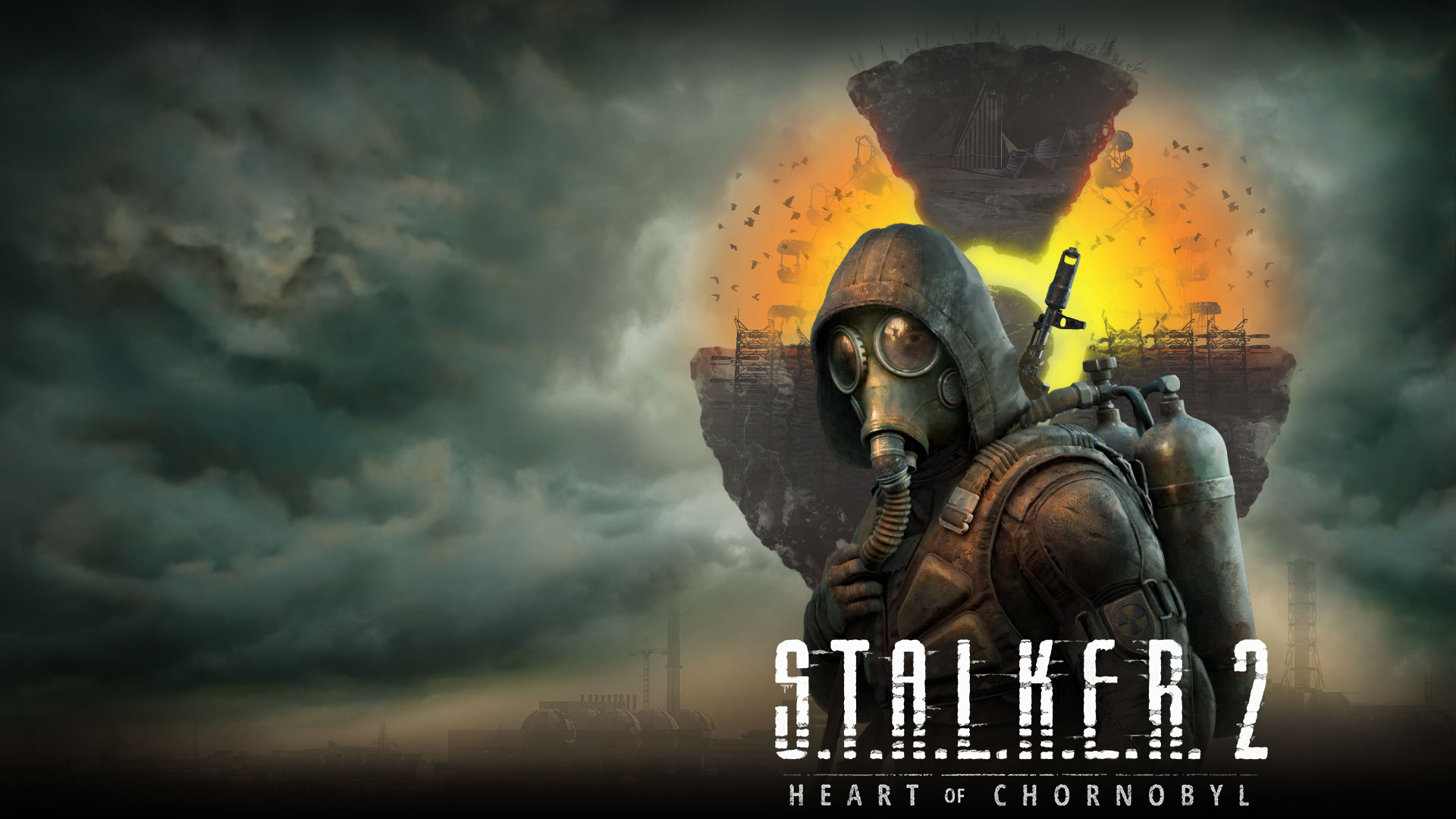 Stalker 2 Heart of Chornobyl, pred krajinou plávajúcou v oblakoch a dyme v povetrí stojí postava.