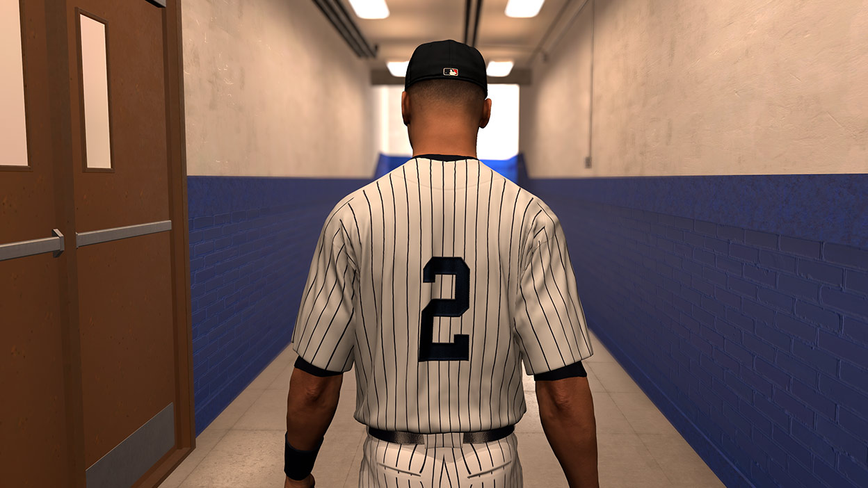 Derek Jeter portant le maillot numéro 2 des New York Yankees et marchant seul dans le couloir des vestiaires.