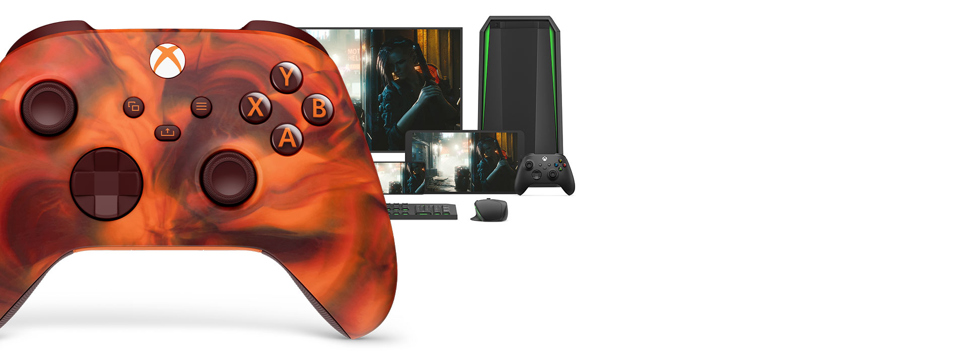 Ansicht der rechten Seite des Xbox Wireless Controllers – Fire Vapor Special Edition von vorne mit verschiedenen spielbaren Plattformen dahinter
