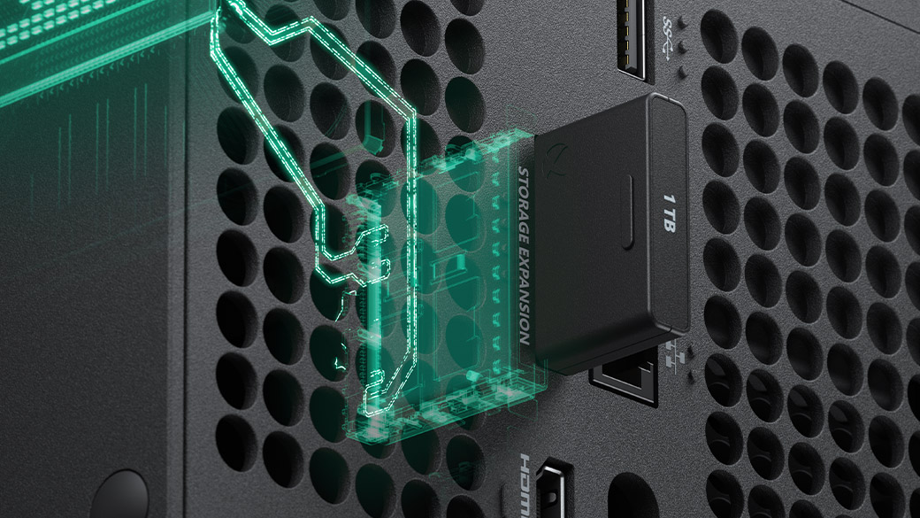 The Seagate Storage Expansion card is shown plugged into the back of an Xbox Series X console.