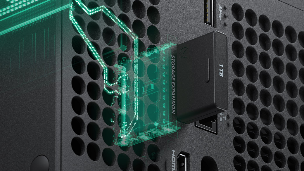 The Seagate Storage Expansion card is shown plugged into the back of an Xbox Series X console.