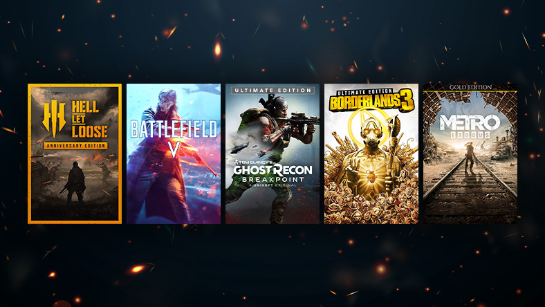 Box art from games that are part of the FPS Sale, including Tom Clancy's Ghost Recon® Breakpoint Ultimate Edition, Hell Let Loose Anniversary Edition, and Borderlands 3: Ultimate Edition.