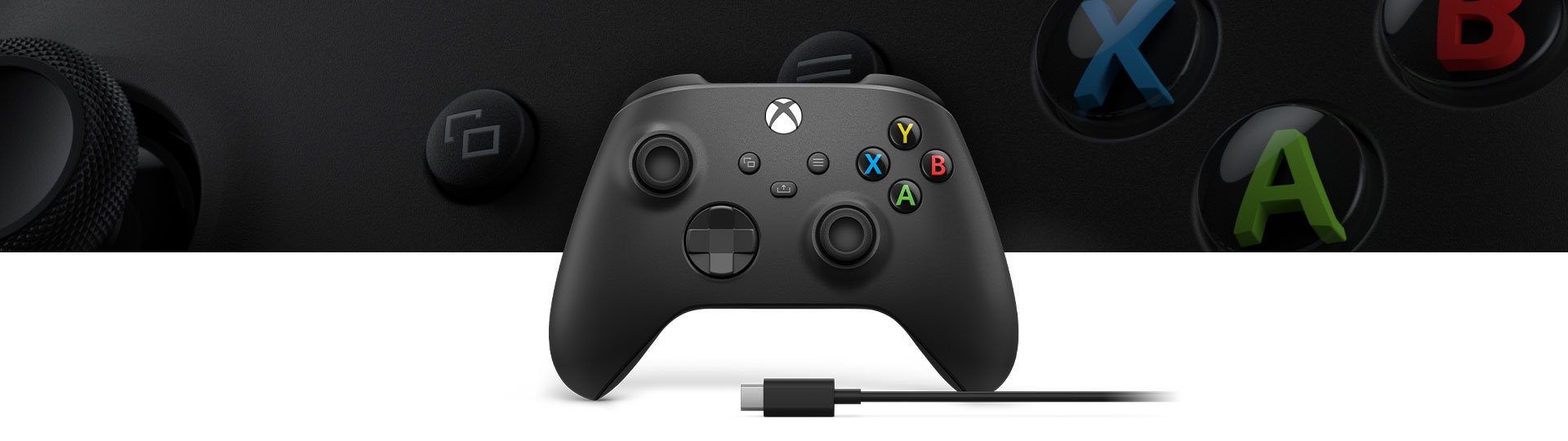 Langaton Xbox-ohjain ja USB-C®-kaapeli sekä lähikuva ohjaimen pintakuvioinnista