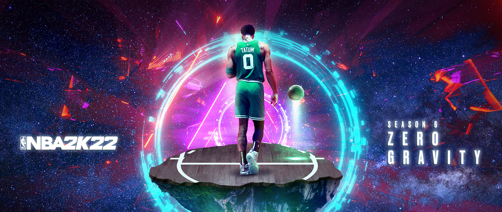 NBA 2K22, Season 6 Zero Gravity, Tatum stands on a floating piece of a basketball court in space with rings of energy surrounding him.
