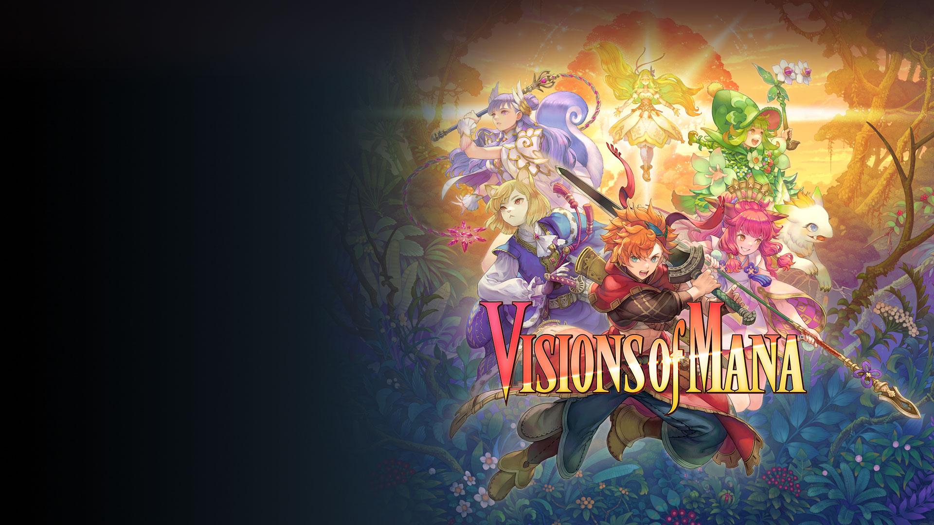 Logotipo de Visions of Mana, cinco personajes saltando por los aires, listos para luchar, mientras una mujer brillante flota en el aire detrás de ellos.