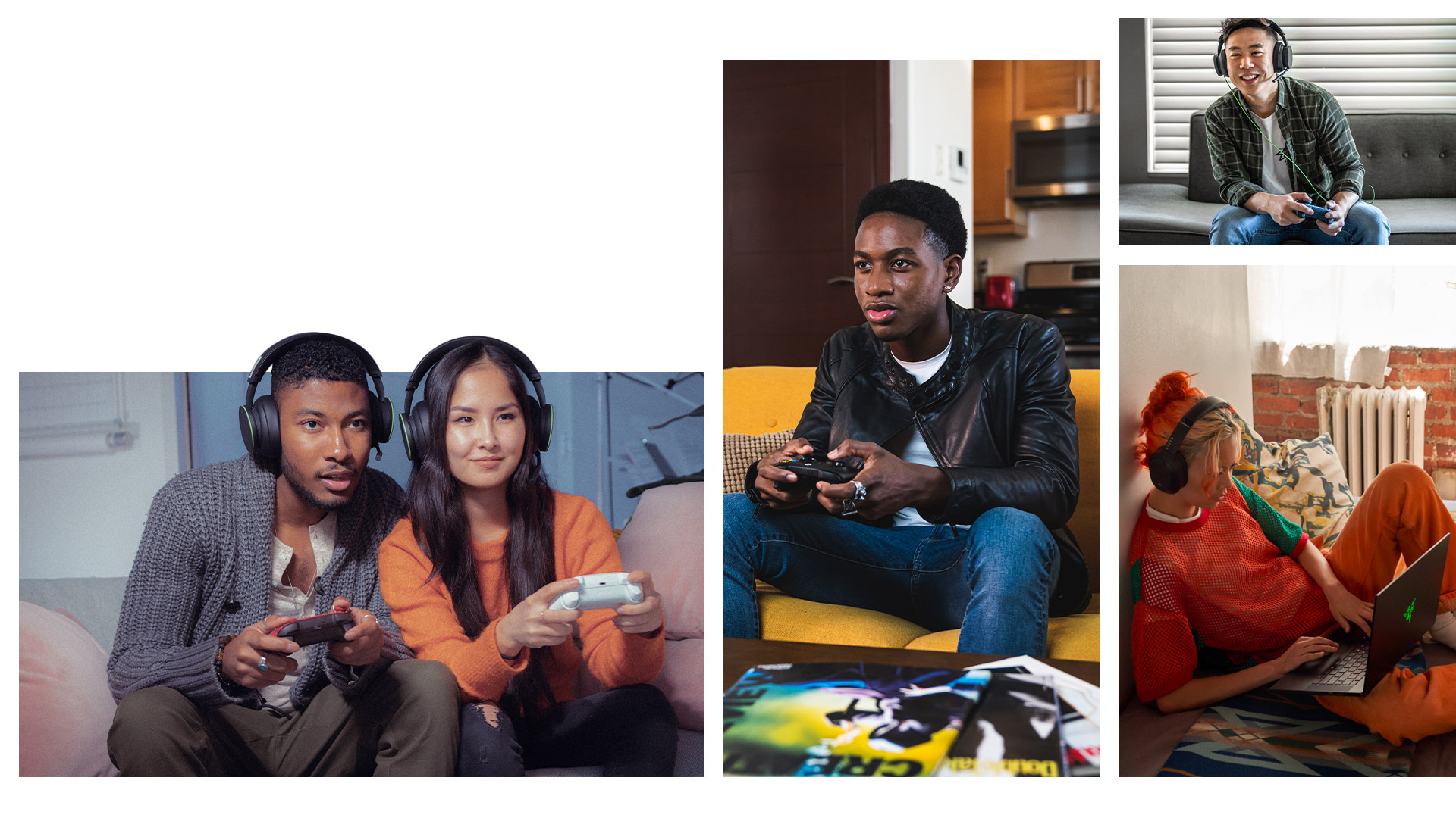 Cinco personas juegan juntas en diferentes dispositivos con su propio perfil y cuenta de Xbox.