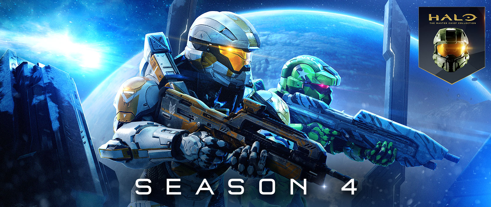 Halo: The Master Chief Collection, Season 4, kaksi spartalaista seisoo rinnakkain valmiina taistelemaan suuri planeetta taustalla