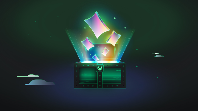 Illuminated rectangles floating out of a green treasure chest with an Xbox sphere