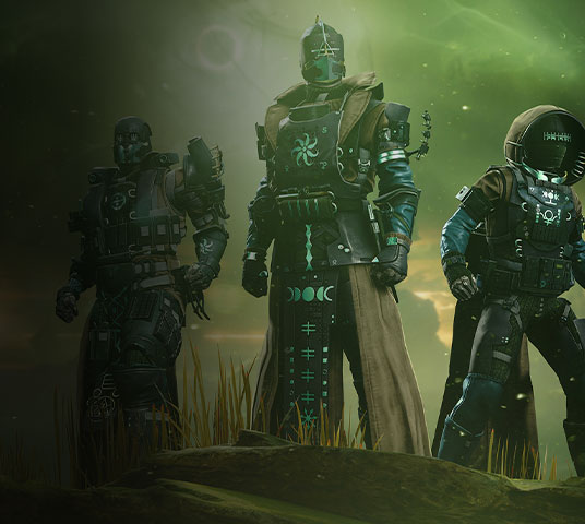 Destiny 2. Three Guardians stand tall on a hillside under an eclipsed sun.