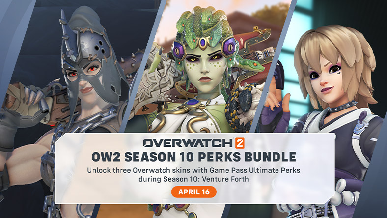 Overwatch 2, OW2 Season 10 Perks Bundle, unlock three Overwatch skins with Game Pass Ultimate Perks during season 10: Venture Forth, April 16