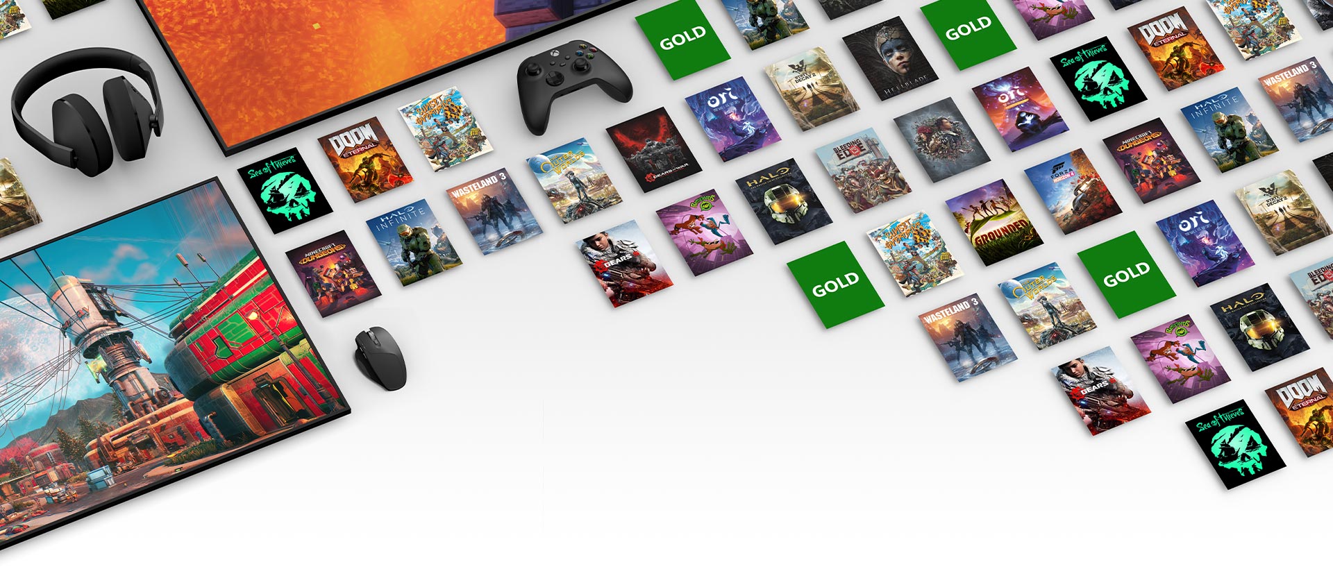 An array of box shots surrounding a TV and PC screen