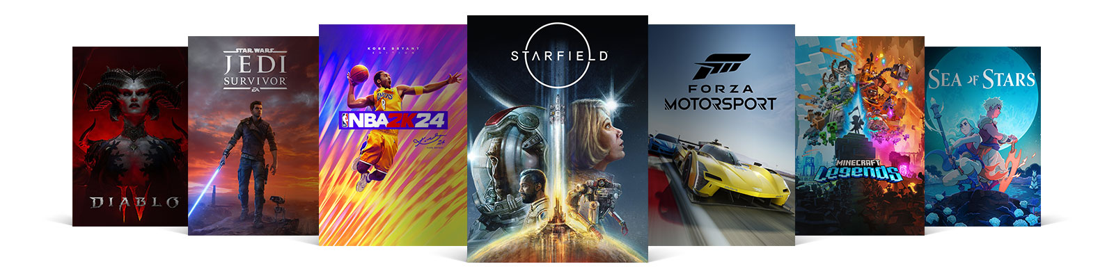 A line-up of game boxshots including Diablo IV, Star Wars Jedi Survivor, NBA 2K24, Starfield, Forza Motorsport, Minecraft Legends and Sea of Stars