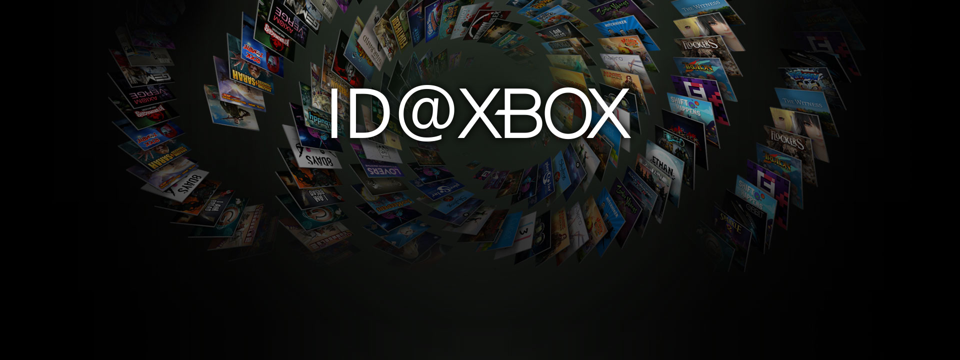 Logotipo de ID@Xbox delante de una colección de fotos de cajas de juegos de ID@Xbox