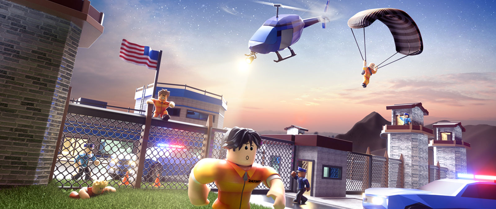Roblox-karakterer, der flygter fra fængslet, mens politiet forfølger dem i Jailbreak-spillet