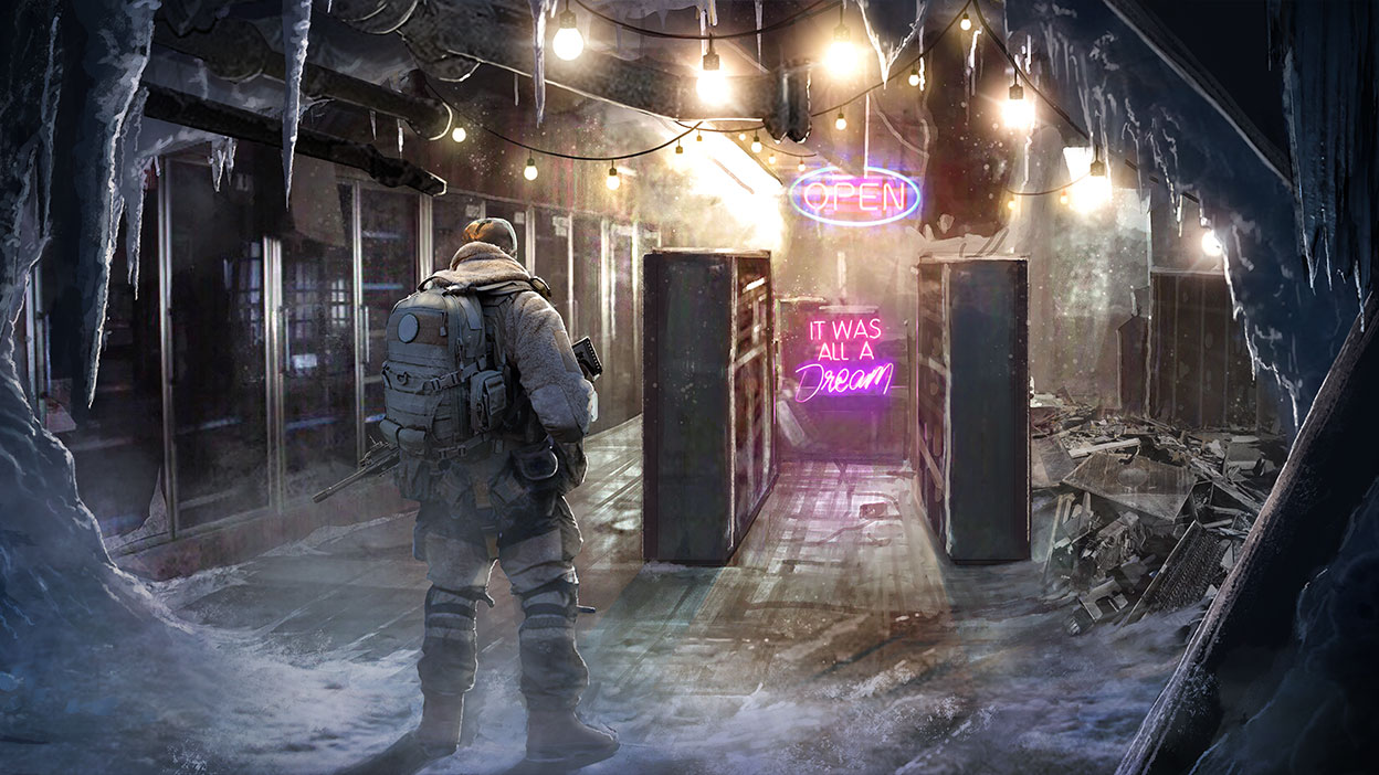 En Ranger är ensam i en förfallen videobutik med en neonskylt med texten IT WAS ALL A DREAM