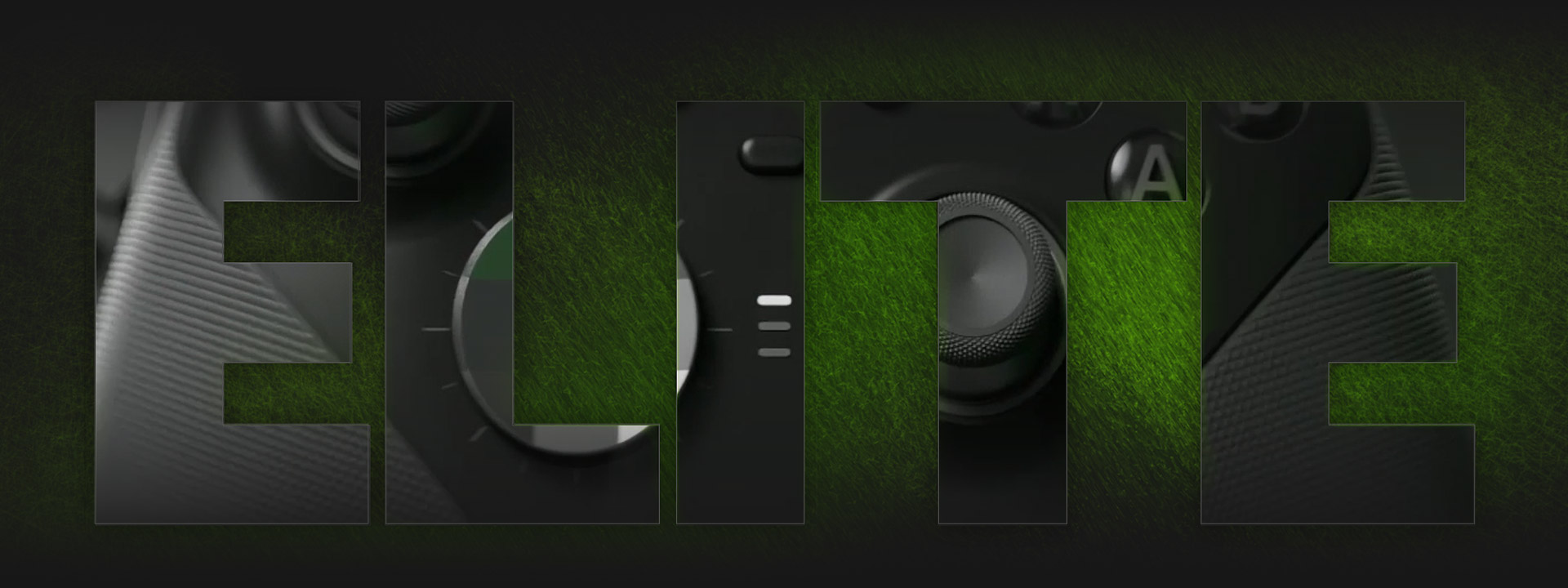Κοντινό πλάνο των χειριστηρίων Xbox Elite μέσα από ένα κομμένο σχέδιο της λέξης elite.