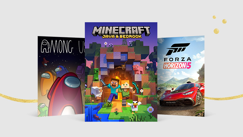 A selection of games that are part of the sale, including Among Us, Minecraft Java & Bedrock, and Forza Horizon 5.