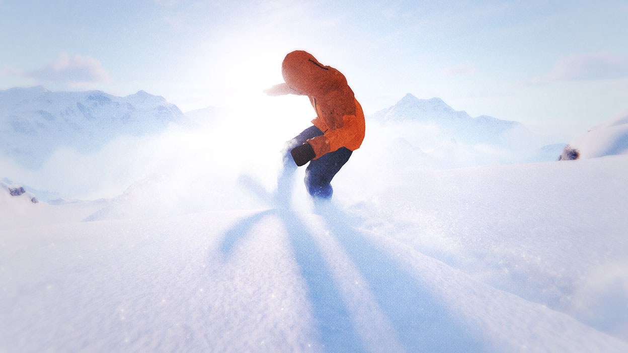 Le soleil brille sur un snowboardeur soulevant un nuage de poudreuse.