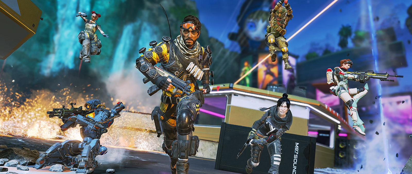 Un escuadrón de personajes de Apex Legends entra valientemente a la batalla.