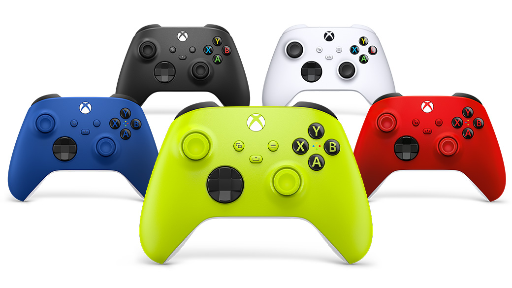 Xbox Wireless Controllers in five different colours