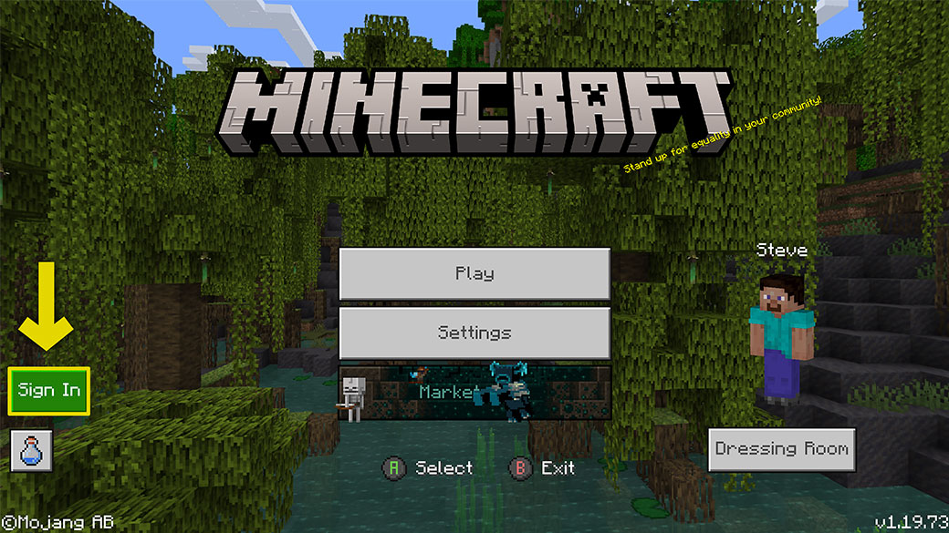 Minecraft Logo, the Minecraft main menu with a yellow arrow pointing to “sign in”.