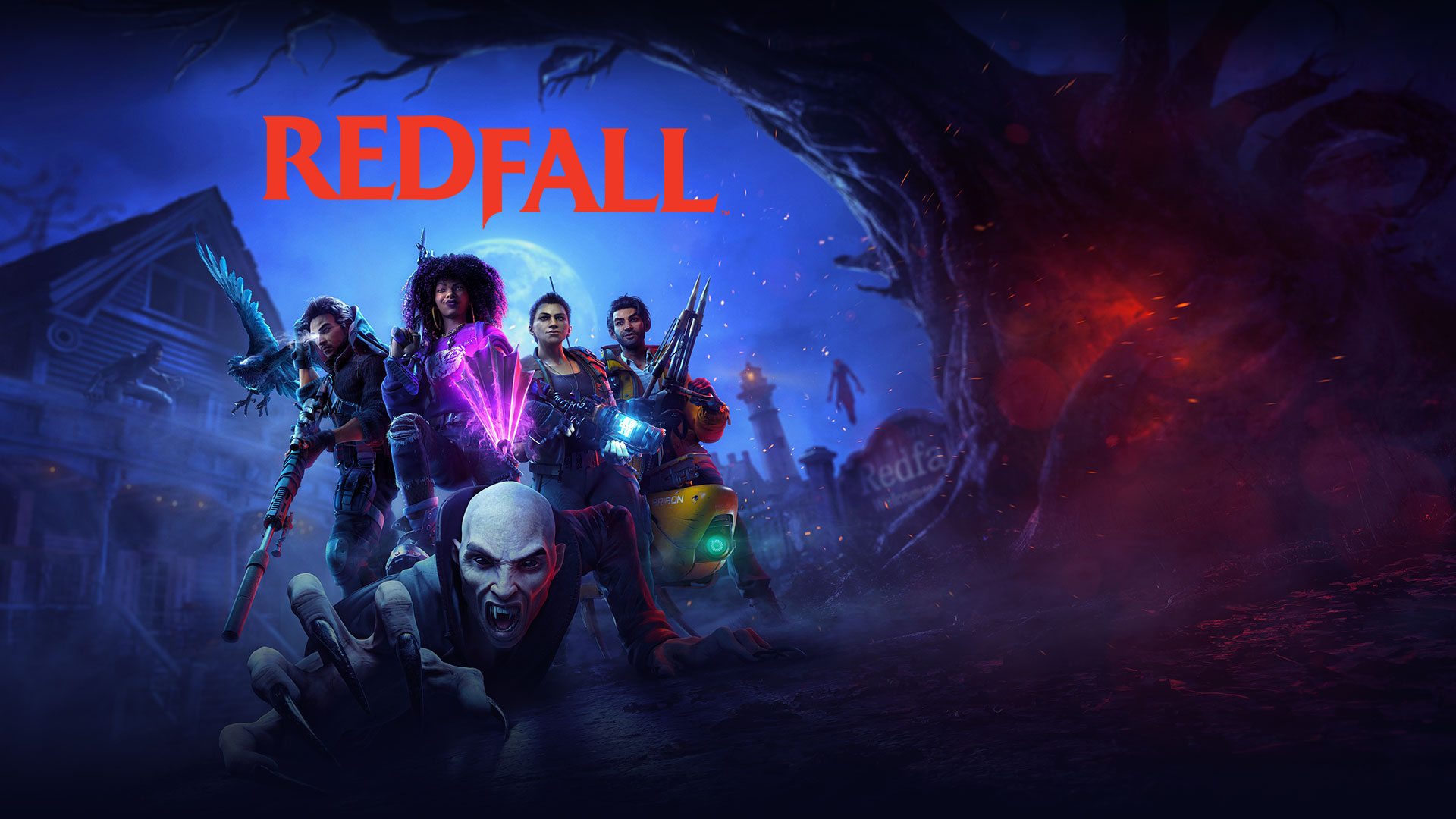 Redfall, vampyyri kynsimässä tietään pakoon ryhmältä hahmoja, jotka seisovat sen yllä aseet valmiina lopettamaan sen olemassaolon.
