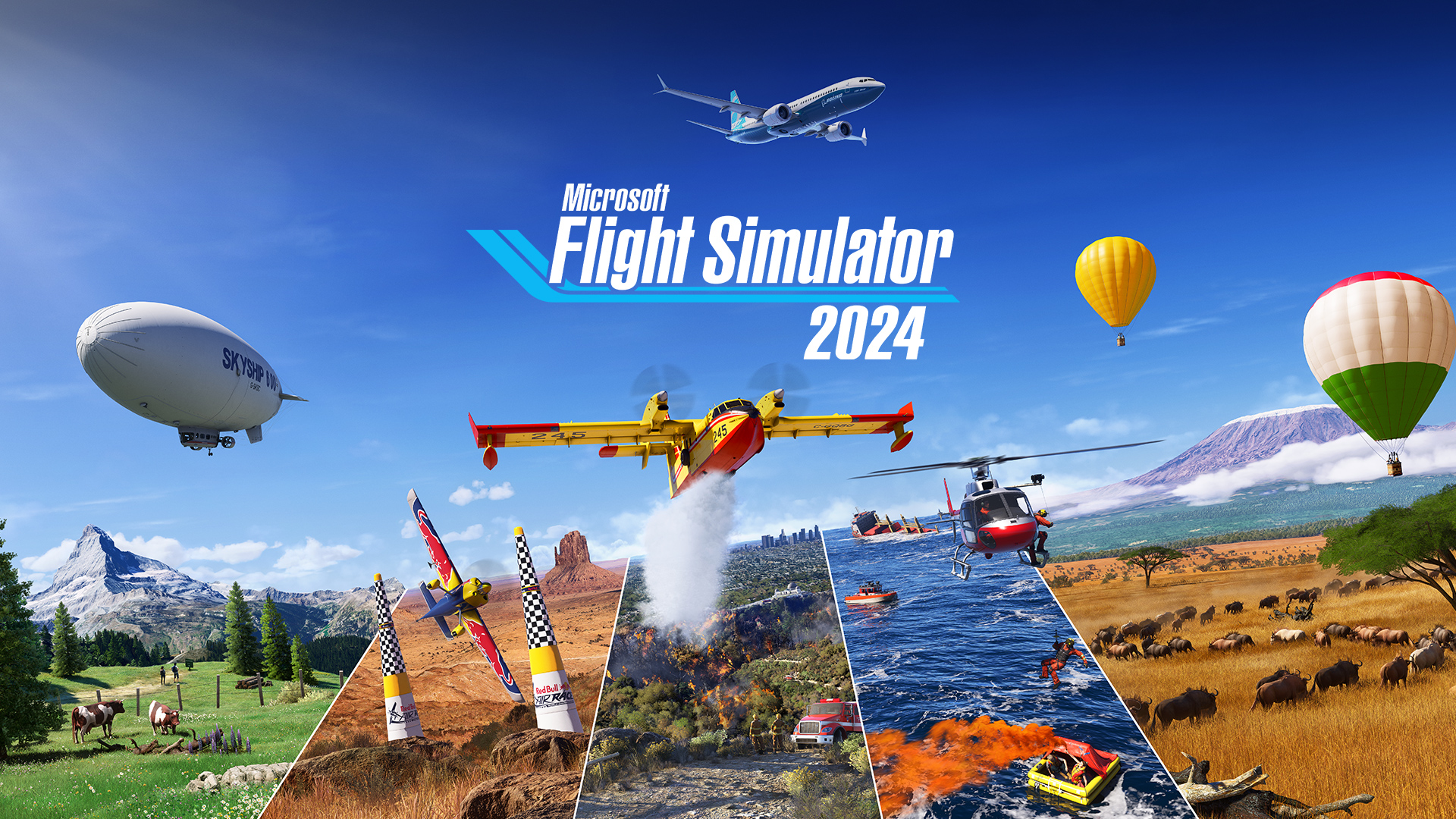 Microsoft Flight Simulator 2024-logo, vliegtuigen, zeppelins en heteluchtballonnen die over meerdere verschillende natuurscènes vliegen.