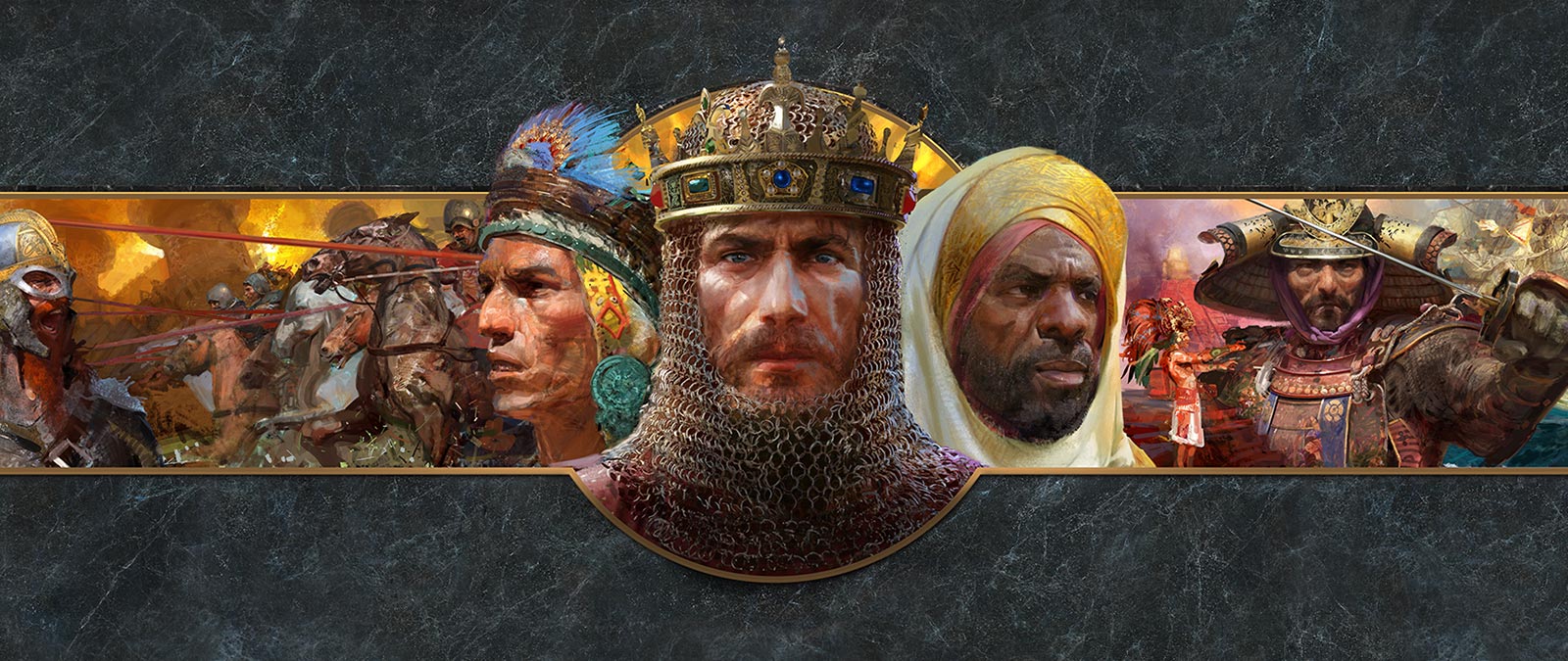 Es werden Köpfe von Anführer*innen verschiedener Zivilisationen gezeigt, im Hintergrund Schlachtszenen.
