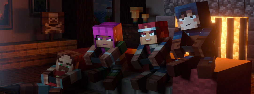 Minecraft-personages die tv kijken op een bank