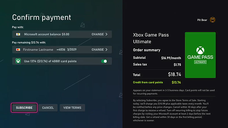Purchase screen showing you have the option to subscribe to Xbox Game Pass using Xbox Mastercard points