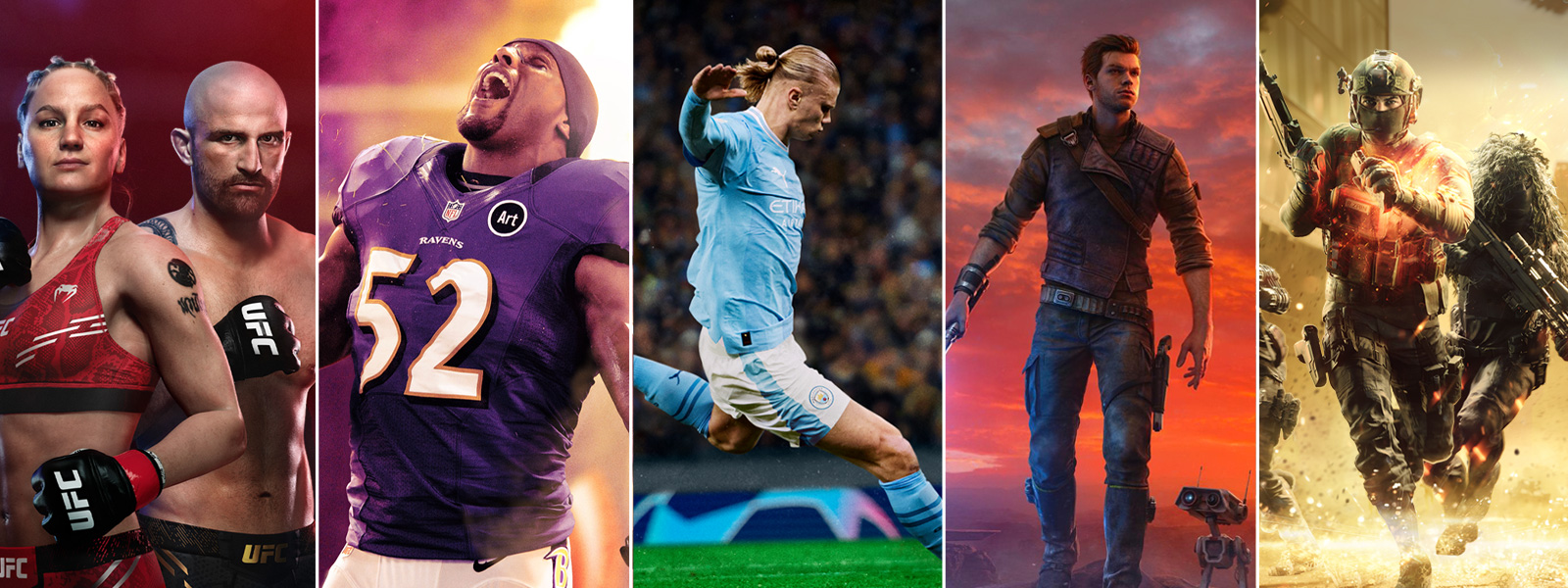 Character art of games included in the EA Publisher Sale, including EA SPORTS FC™ 24 Standard Edition Xbox One & Xbox Series X|S, Madden NFL 24 Deluxe Edition Xbox Series X|S & Xbox One, and UFC® 5