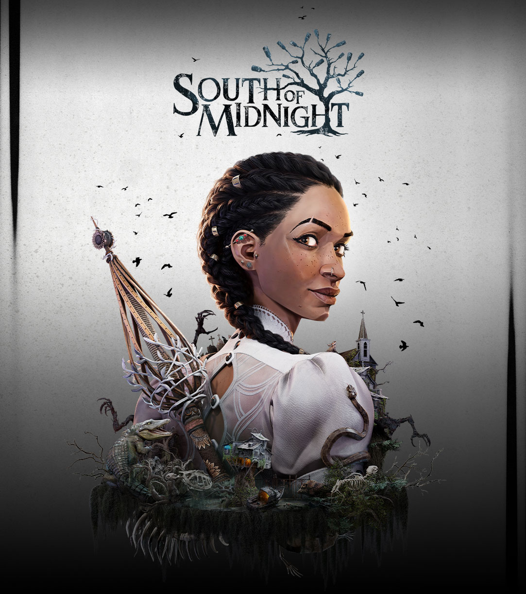 Logotipo South of Midnight, Hazel olhando por cima do ombro com pássaros pretos voando ao redor da cabeça dela e pedaços de uma paisagem arborizada movendo-se ao redor de seus ombros. 