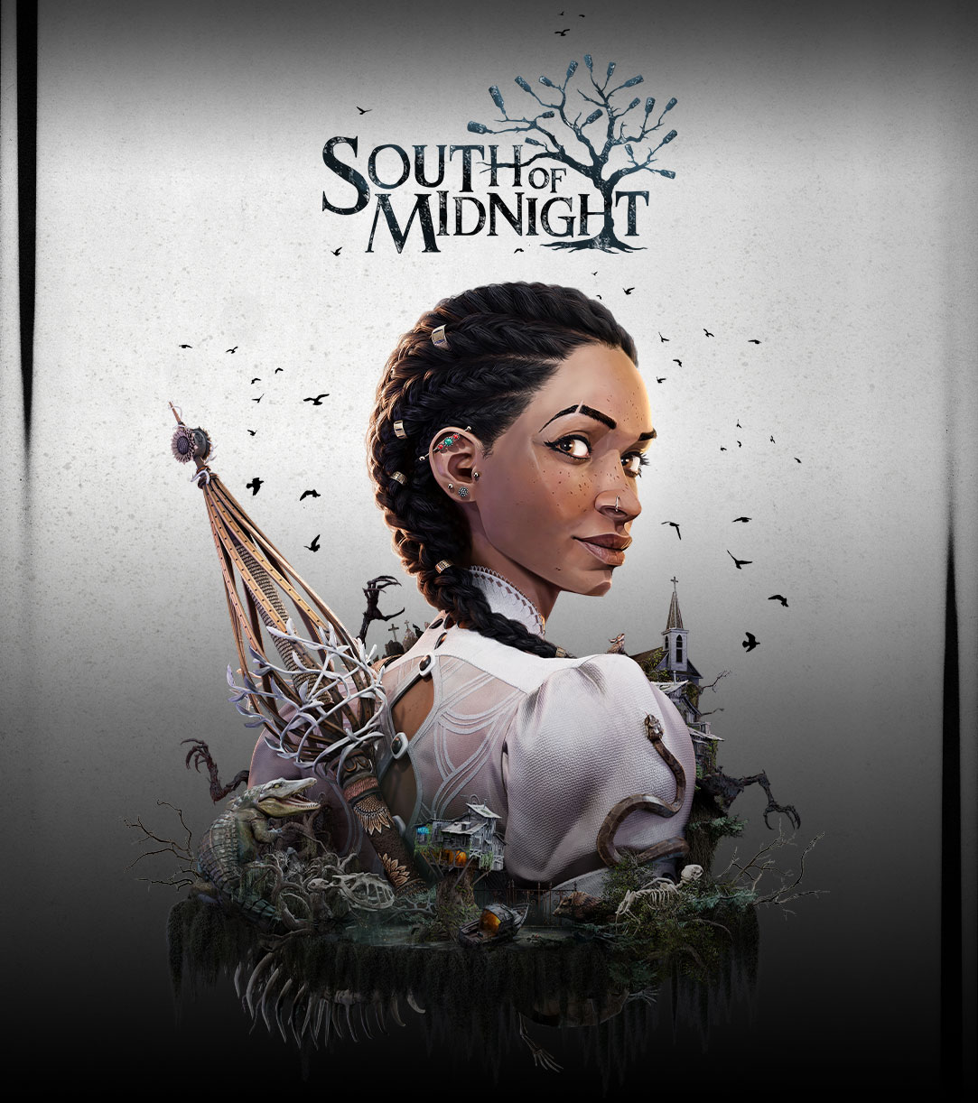 Das Logo von „South of Midnight“, Hazel, die über ihre Schulter schaut, mit schwarzen Vögeln, die um ihren Kopf fliegen, und Teilen einer Waldlandschaft, die sich um ihre Schultern bewegt. 