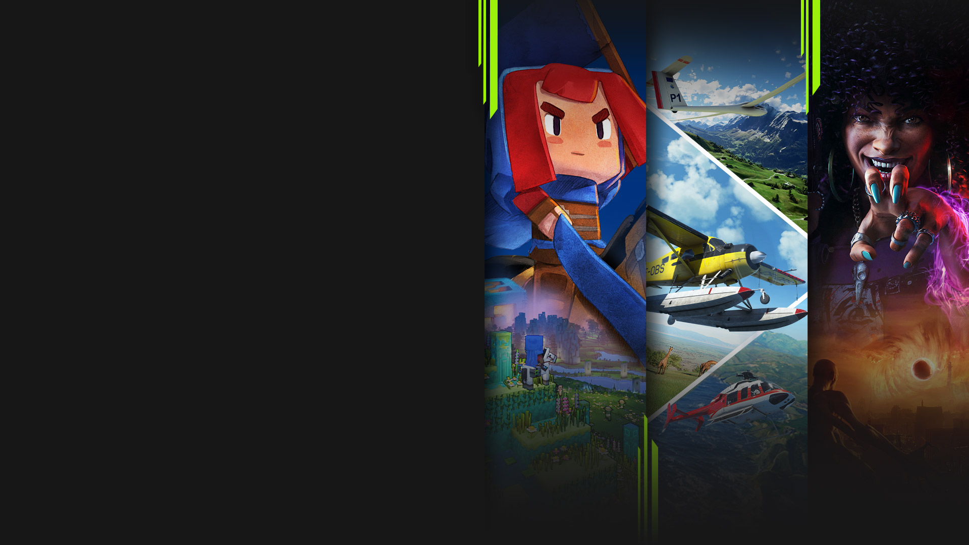 Game-Art aus mehreren Spielen, die jetzt mit Xbox Game Pass erhältlich sind, darunter Minecraft Legends, Microsoft Flight Simulator, Redfall und Ni no Kuni II: Schicksal eines Königreichs.