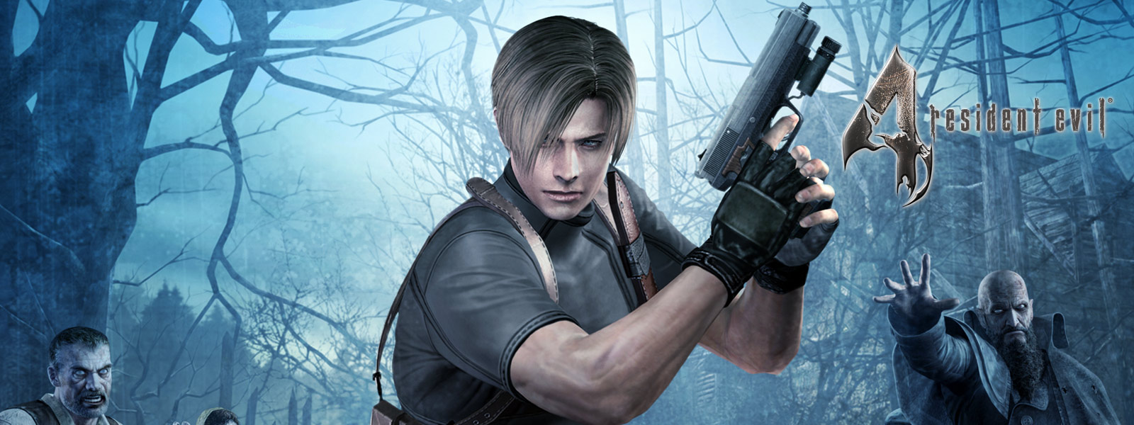 어두운 숲에서 좀비에 둘러싸인 채 총을 들고 있는 Resident Evil 4 캐릭터