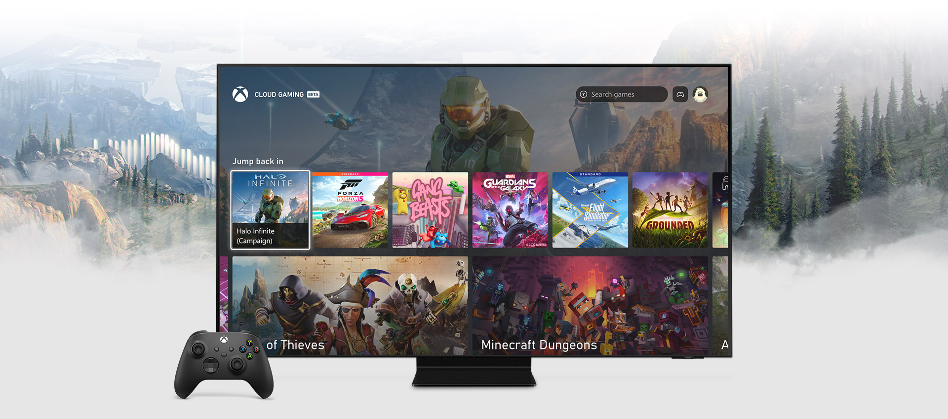Domovská obrazovka aplikace Xbox na chytrém televizoru Samsung