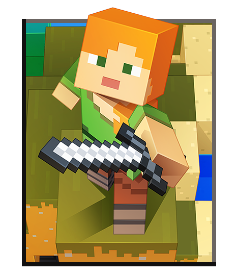 Alex ze hry Minecraft drží železný meč.