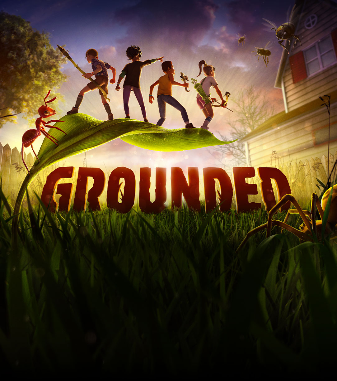 Animação de uma grande aranha andando na grama na frente de uma folha segurando 4 crianças humanas em miniatura