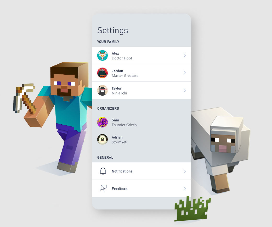 Vista de la app móvil Family Settings con personajes de Minecraft en el fondo.