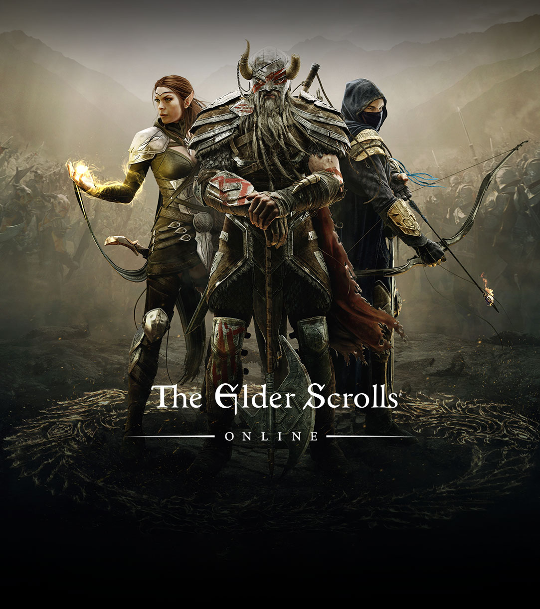 The Elder Scrolls online, three fantasy characters stand ready to fight