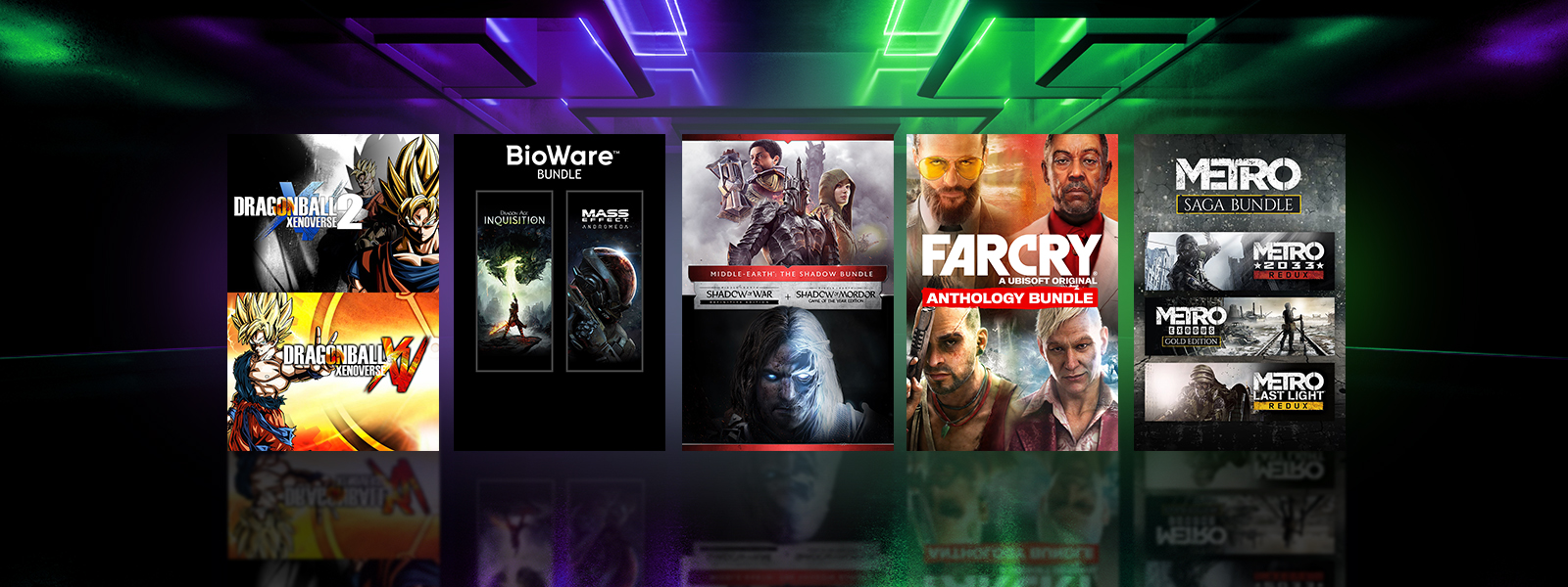 Box art from games that are part of the Bundles Sale, including BioWare Bundle, Middle-Earth: The Shadow Bundle, and Far Cry Anthology Bundle.