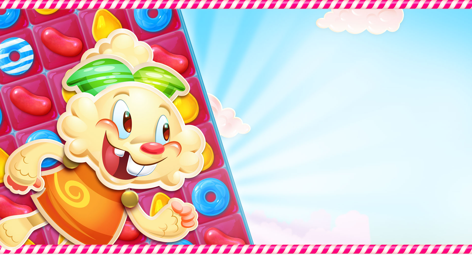 在 Candy Crush Jelly Saga 遊戲板前方，Jenny 快樂地笑著。