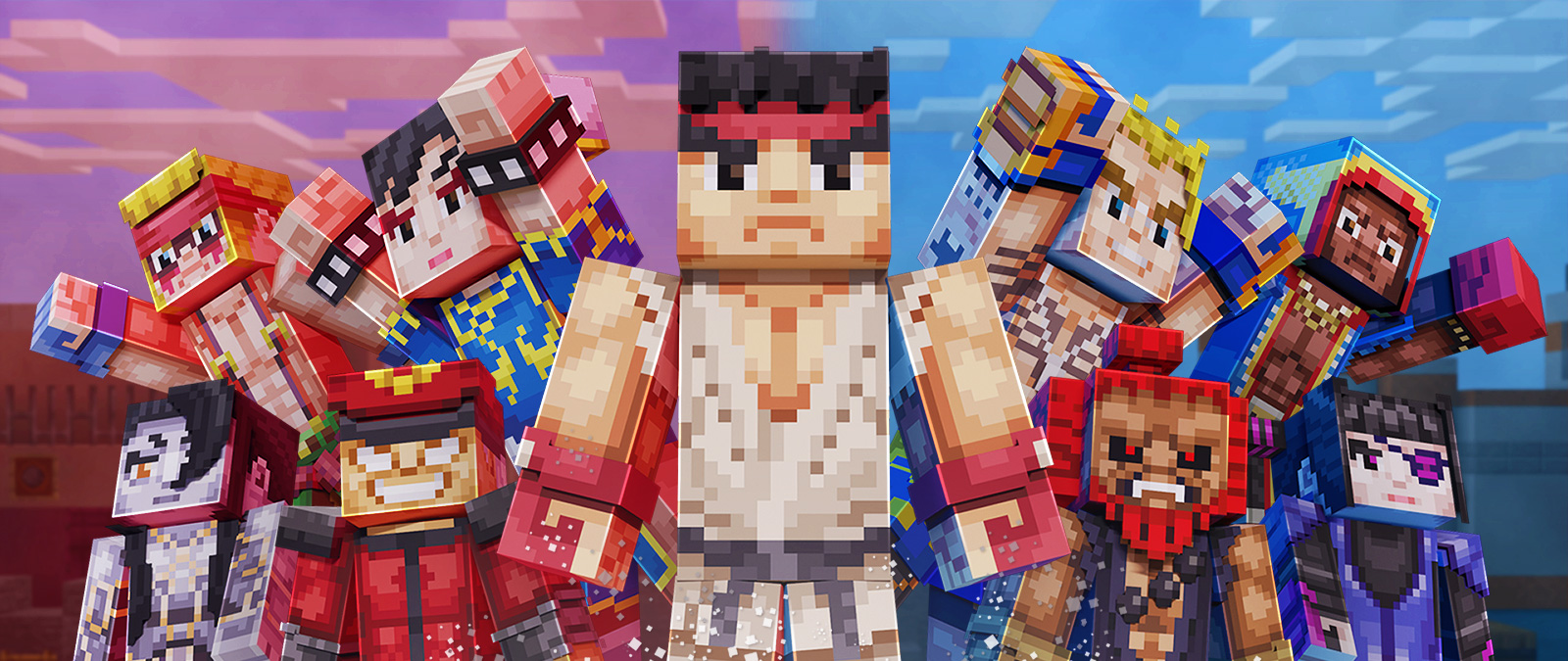 Nine characters from Street Fighter in the Minecraft art style posing