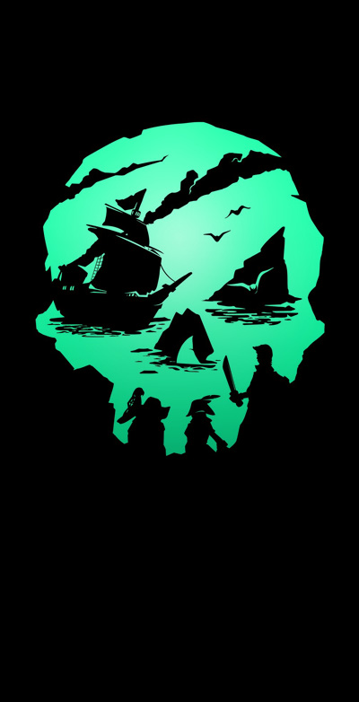 Sea of thieves, a skull shaped cave silhouetting a pirate ship on the ocean