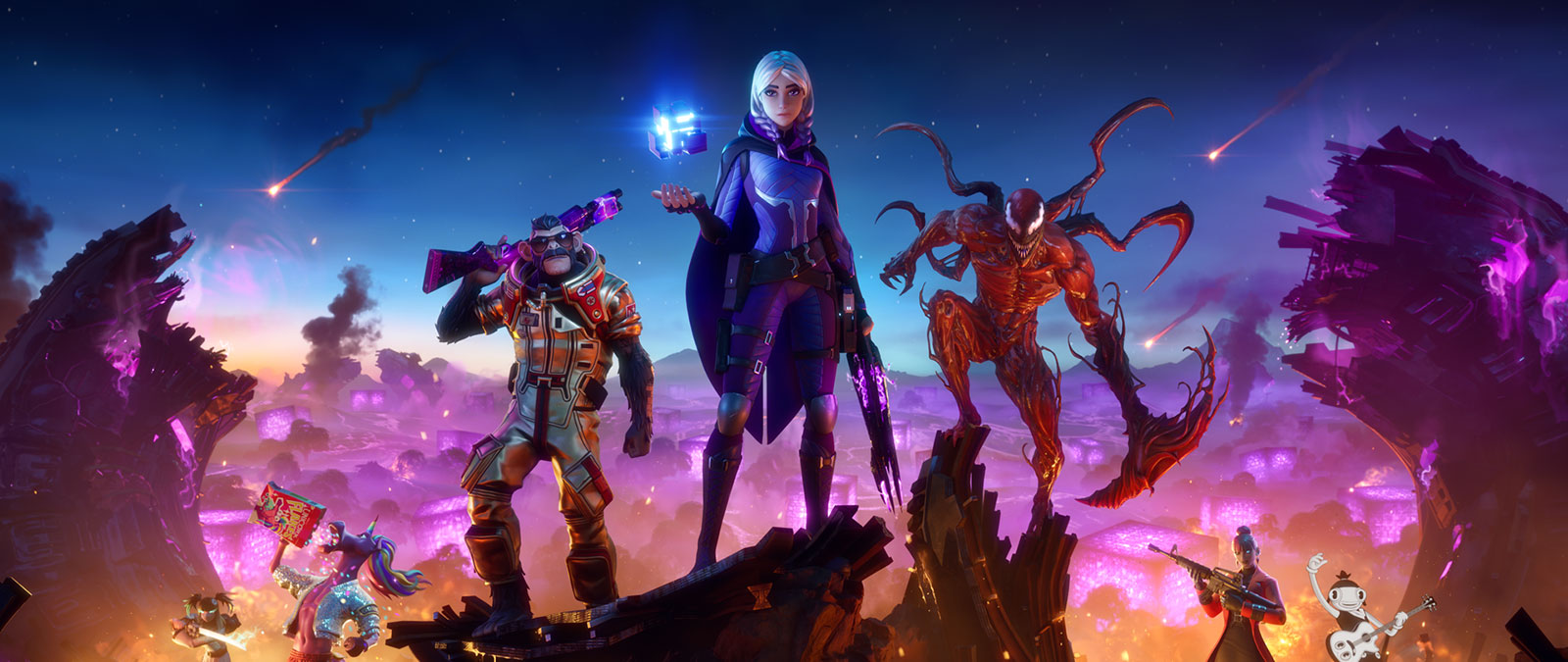 Seven characters in various cosmetic skins posing in a crashed alien mothership with the cubes that powered it.